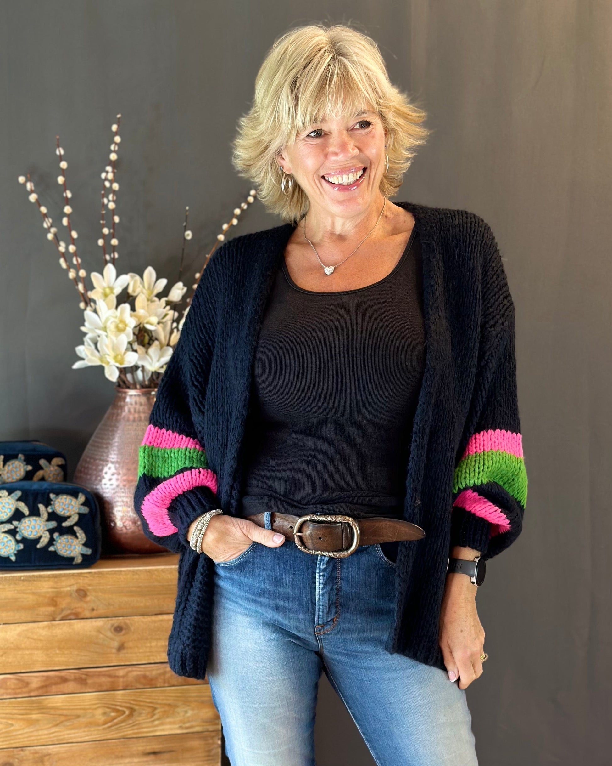 clothing Chunky Knit Stripe Sleeve Cardigan - Black