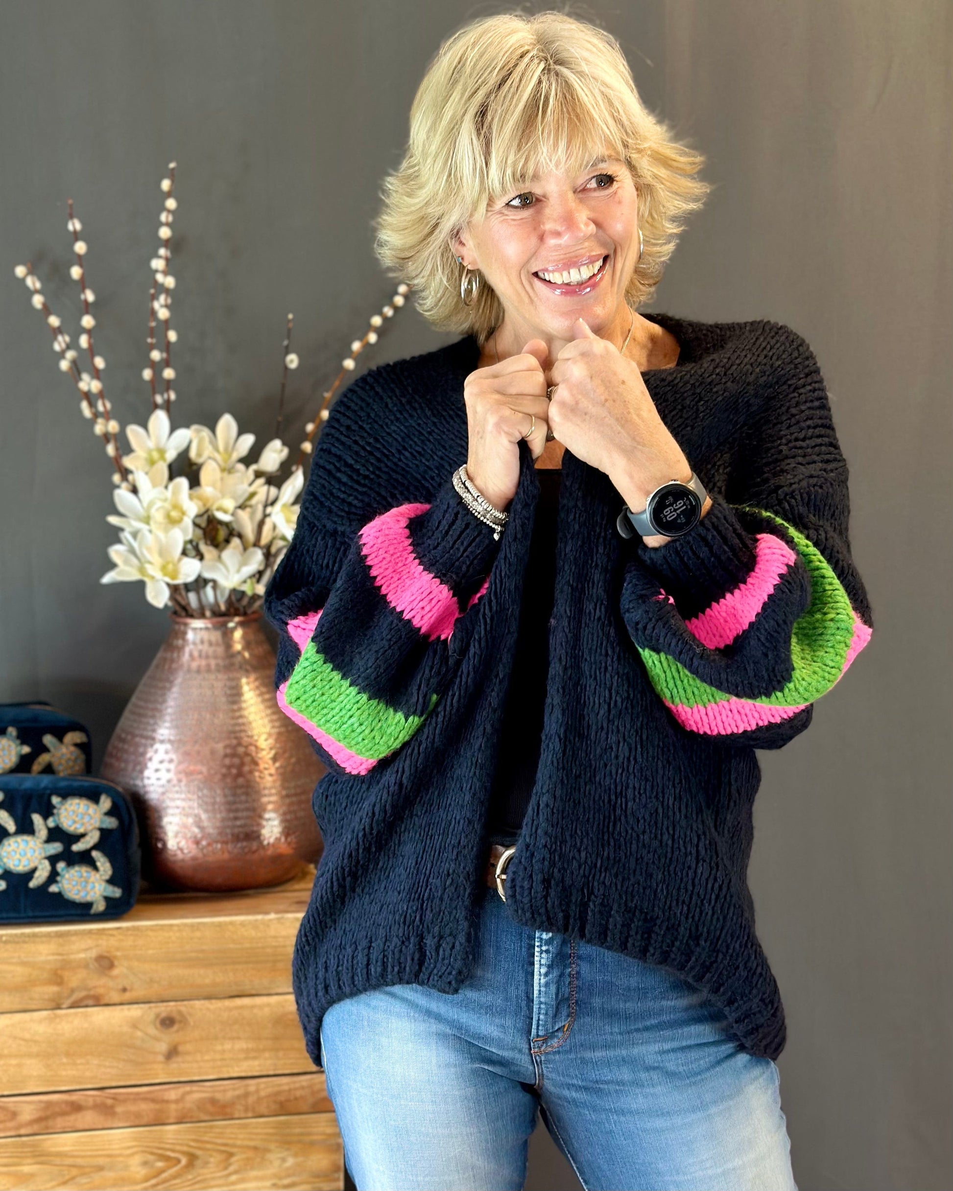 clothing Chunky Knit Stripe Sleeve Cardigan - Black