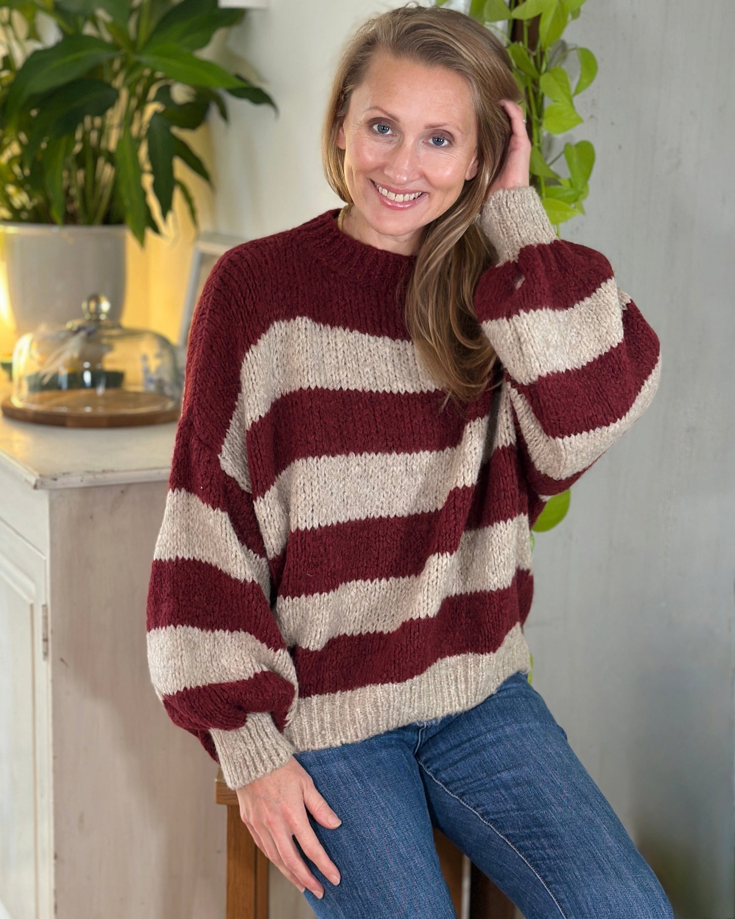 clothing Chunky Knit Striped Jumper - Burgundy/Oatmeal