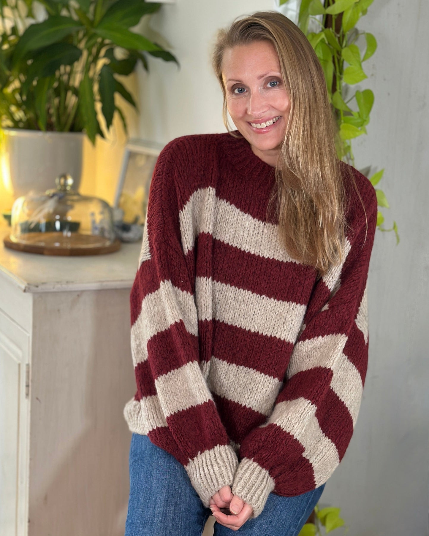 clothing Chunky Knit Striped Jumper - Burgundy/Oatmeal