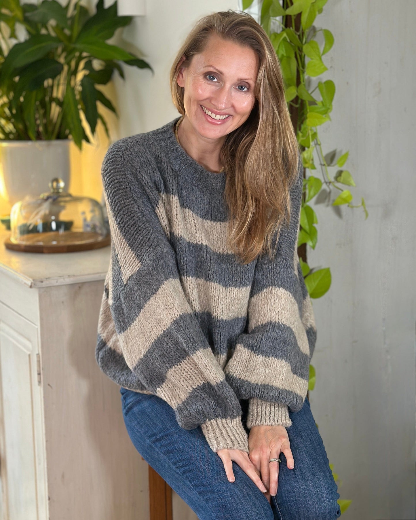 clothing Chunky Knit Striped Jumper - Grey/Oatmeal