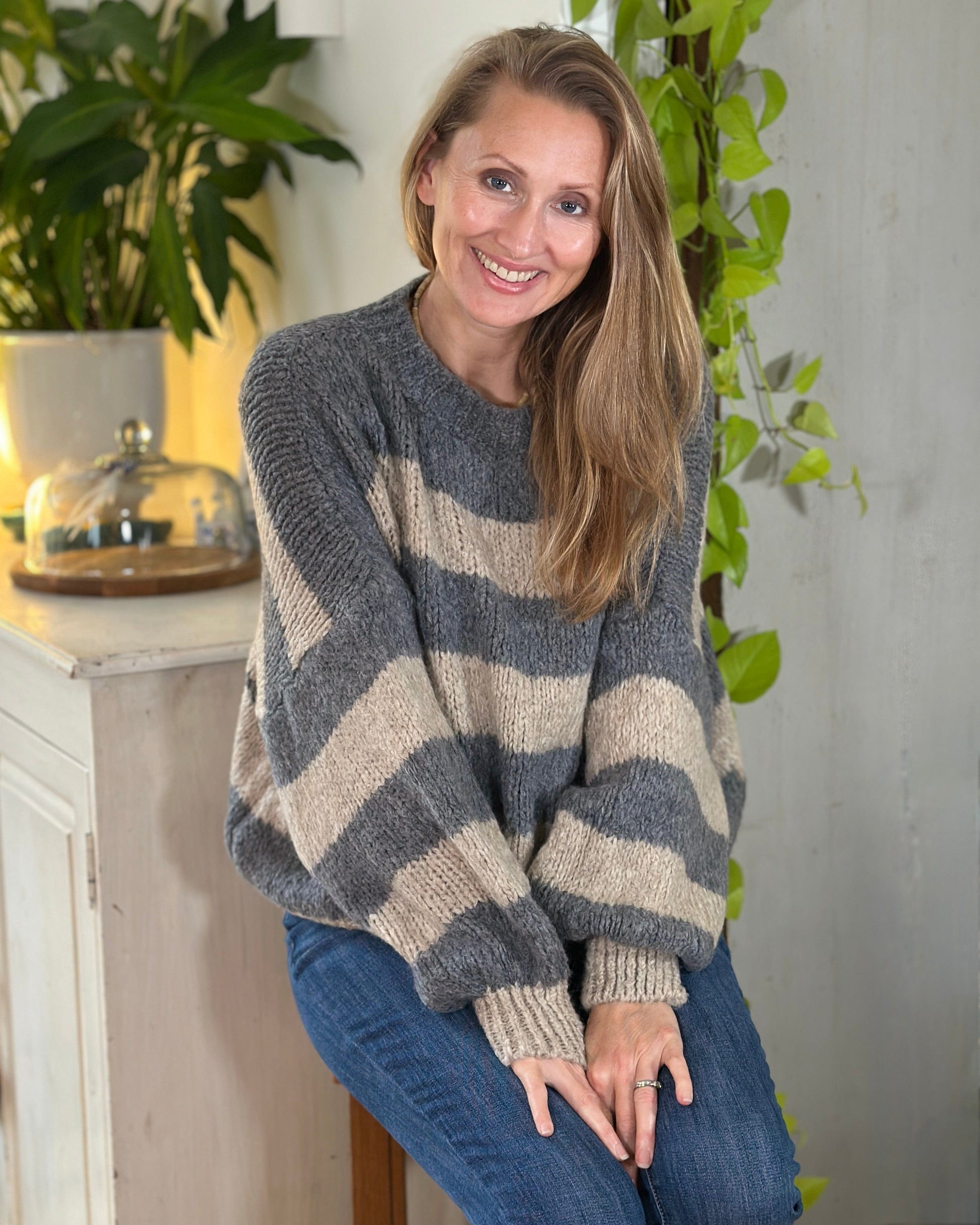 clothing Chunky Knit Striped Jumper - Grey/Oatmeal