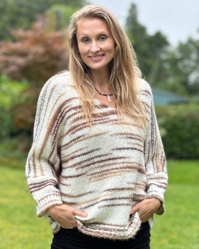 Chunky Knit V Neck Jumper Cream With Brown Stripes