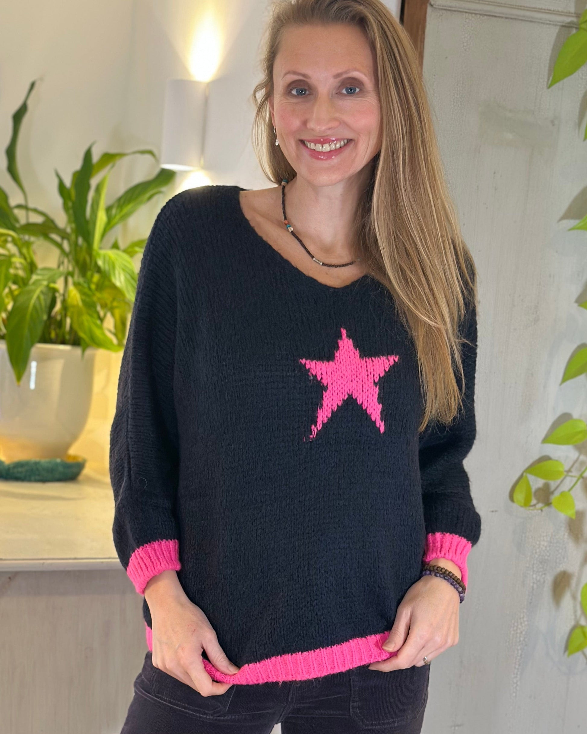 clothing Chunky Knit V-Neck Star Jumper - Dark Navy With Bright Pink