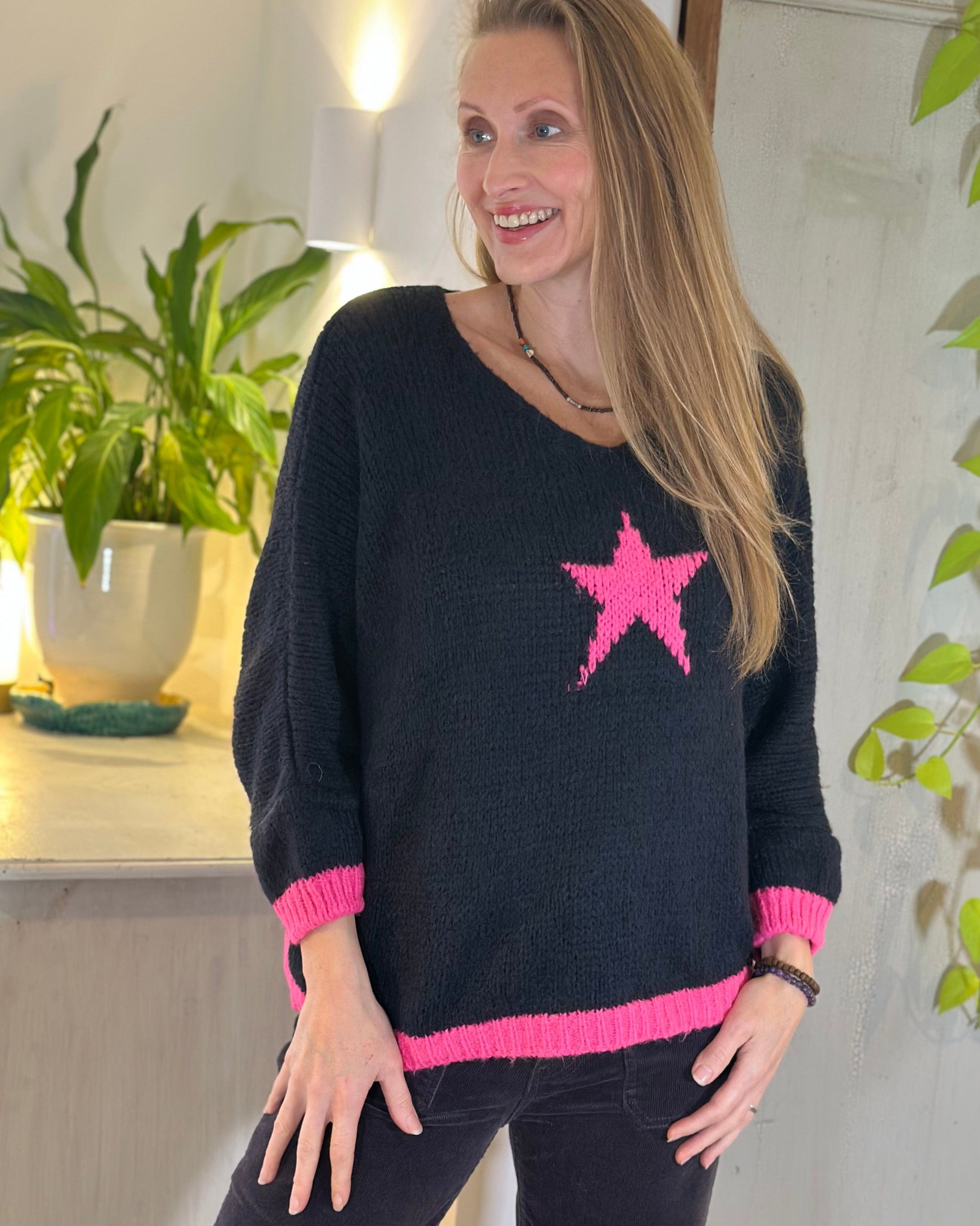 clothing Chunky Knit V-Neck Star Jumper - Dark Navy With Bright Pink