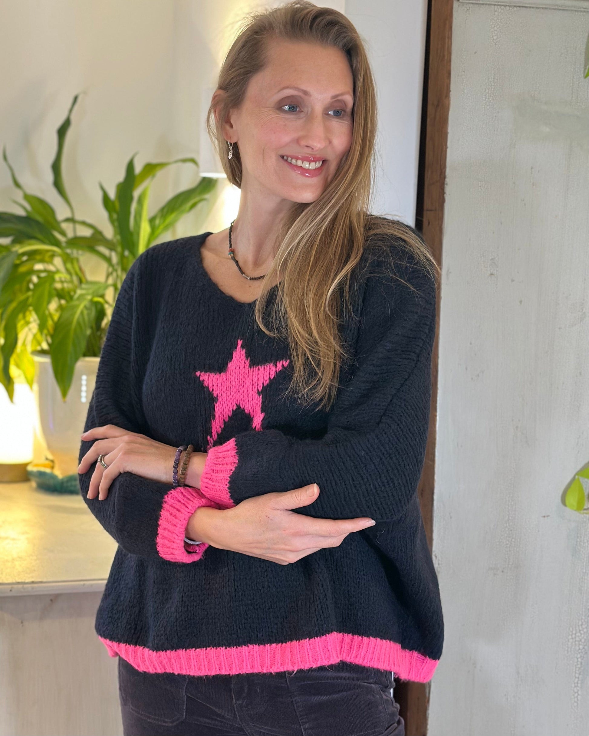 clothing Chunky Knit V-Neck Star Jumper - Dark Navy With Bright Pink