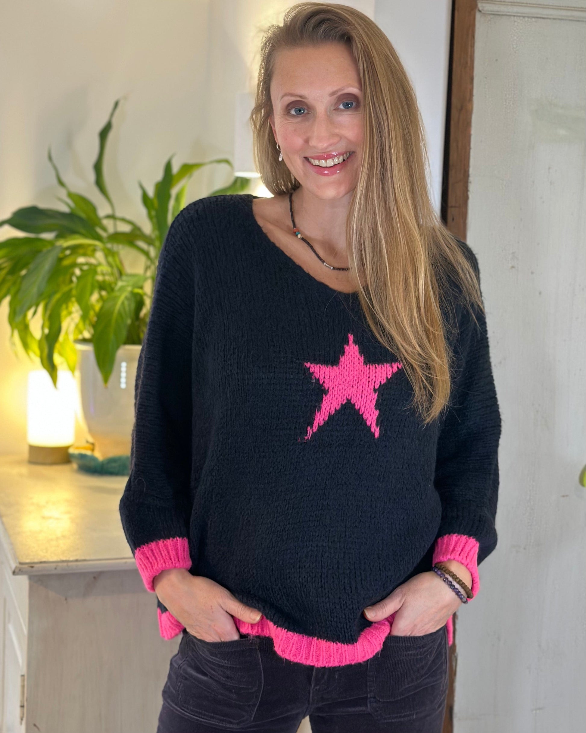 clothing Chunky Knit V-Neck Star Jumper - Dark Navy With Bright Pink