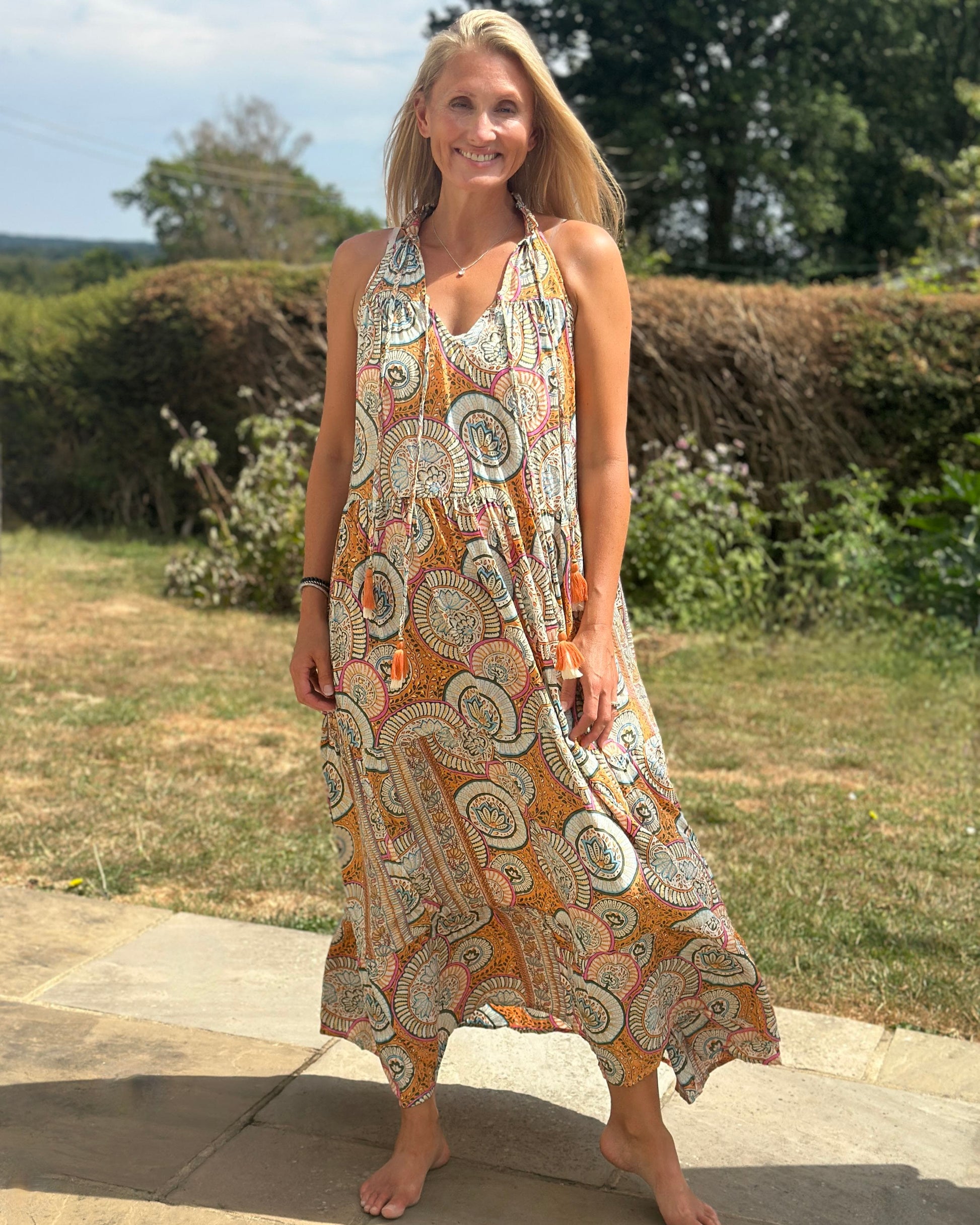 Clothing Cold Silk Halterneck Print Dress - Orange