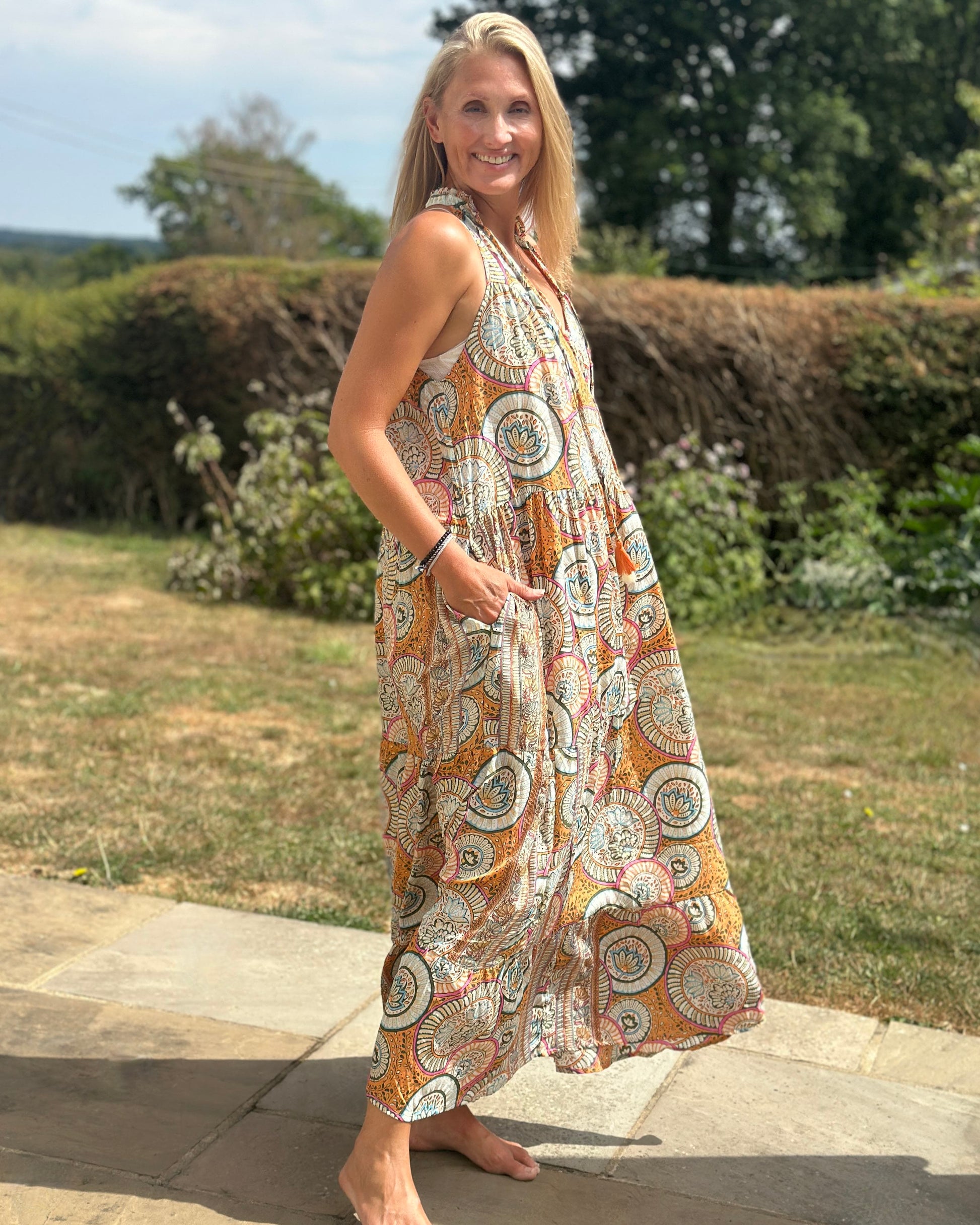 Clothing Cold Silk Halterneck Print Dress - Orange