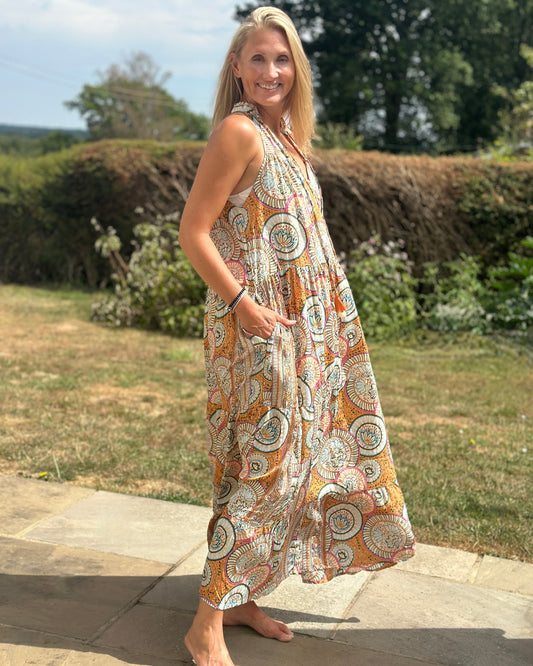 Clothing Cold Silk Halterneck Print Dress - Orange
