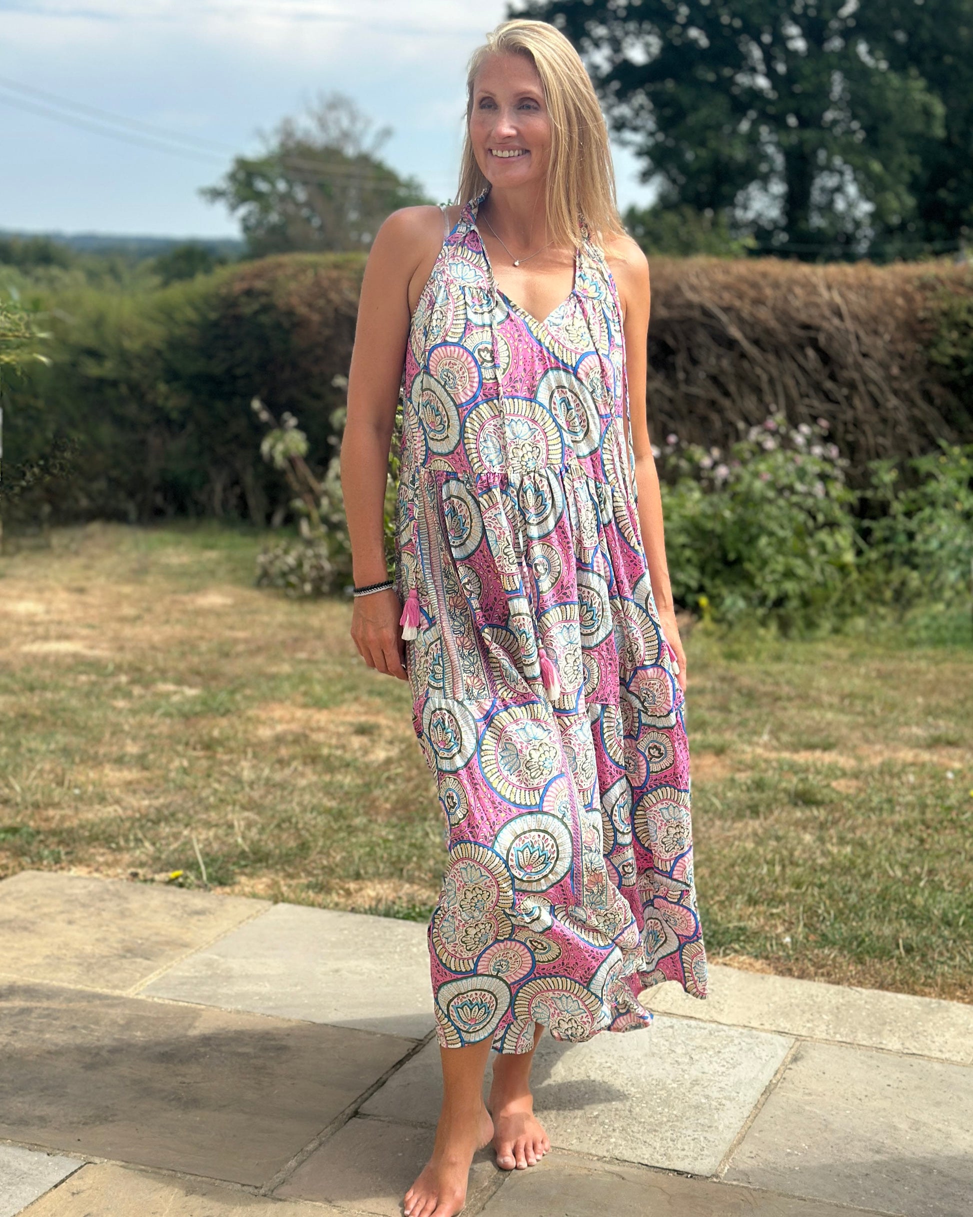 Clothing Cold Silk Halterneck Print Dress - Pink