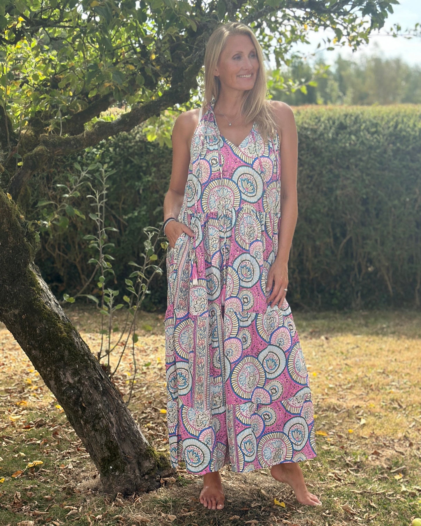 Clothing Cold Silk Halterneck Print Dress - Pink