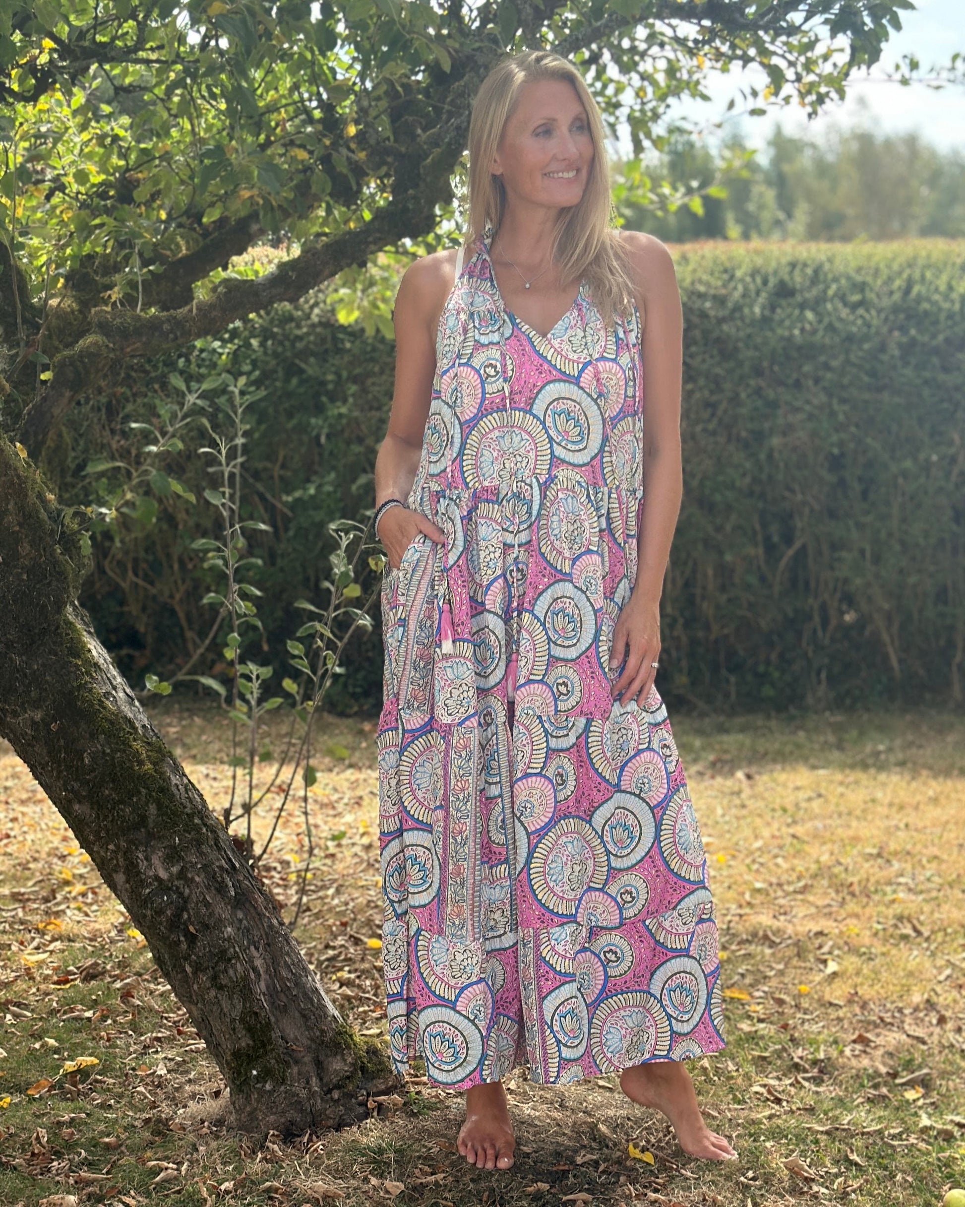 Clothing Cold Silk Halterneck Print Dress - Pink
