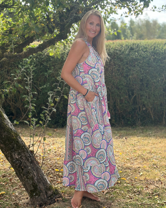 Clothing Cold Silk Halterneck Print Dress - Pink