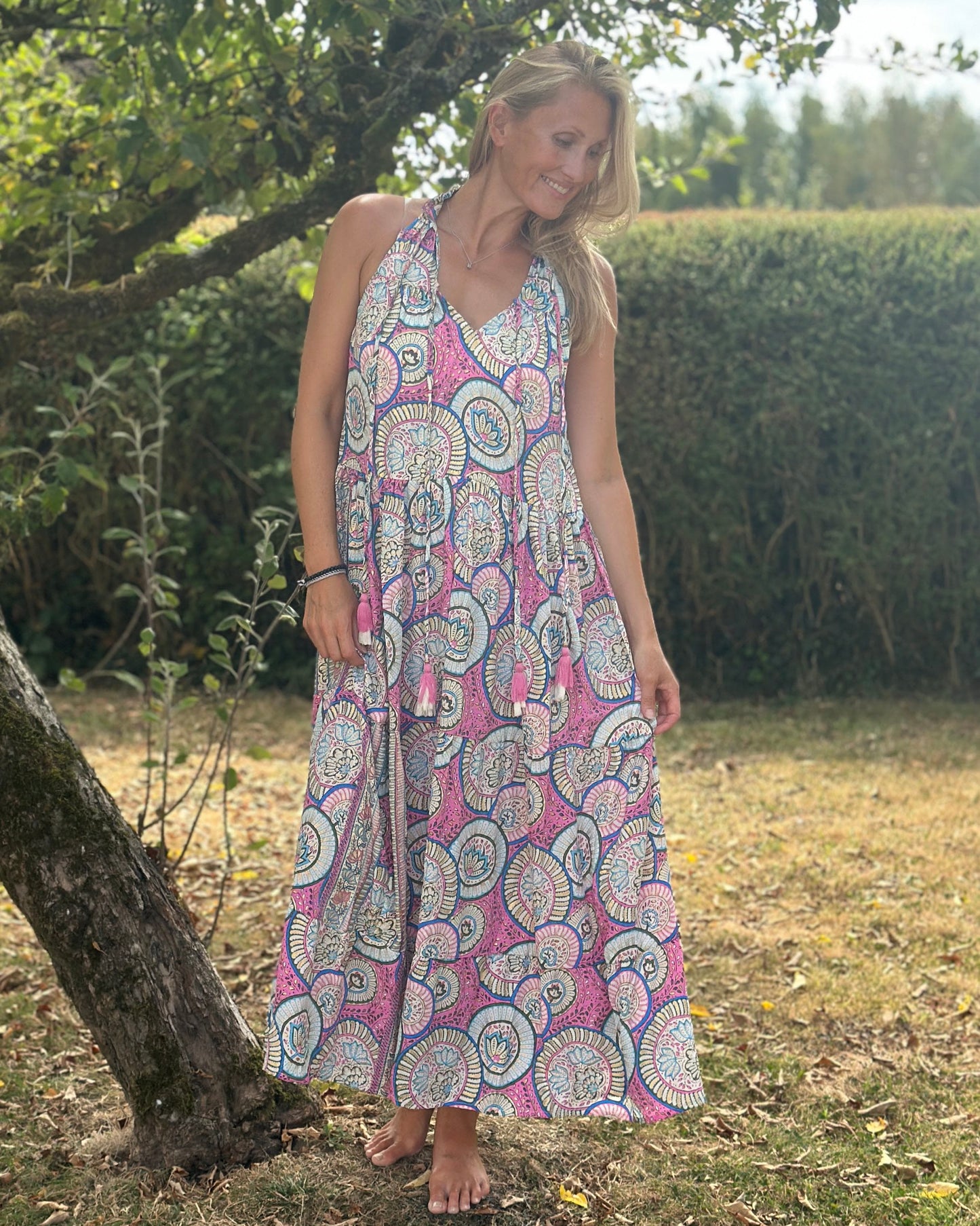 Clothing Cold Silk Halterneck Print Dress - Pink