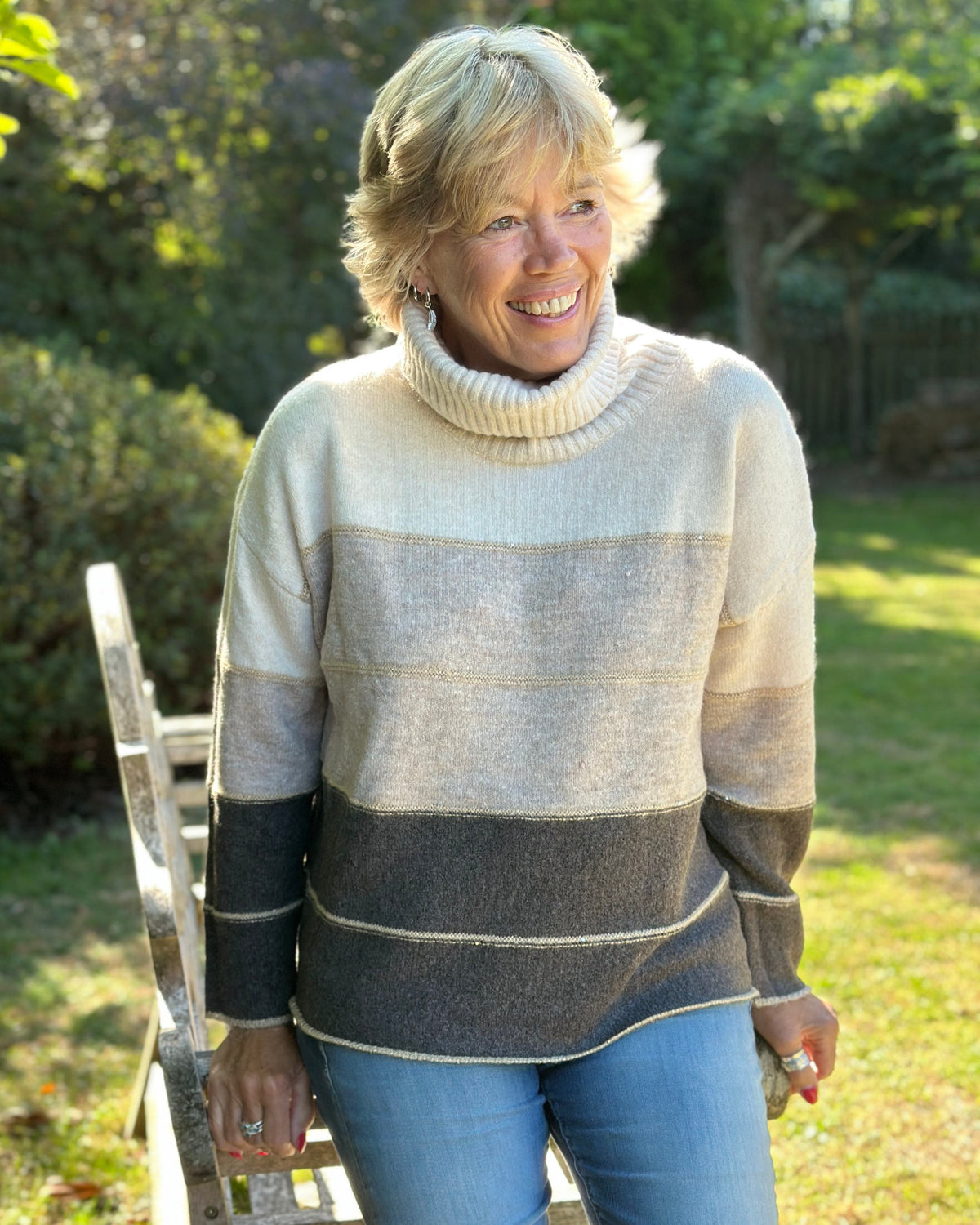 Clothing Colour Block Roll Neck Jumper - Brown/Beige
