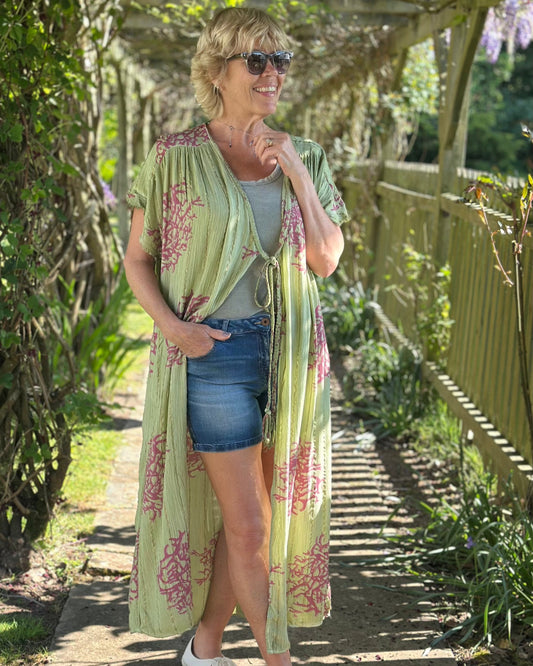 Clothing Coral Print Kimono -Green/Pink
