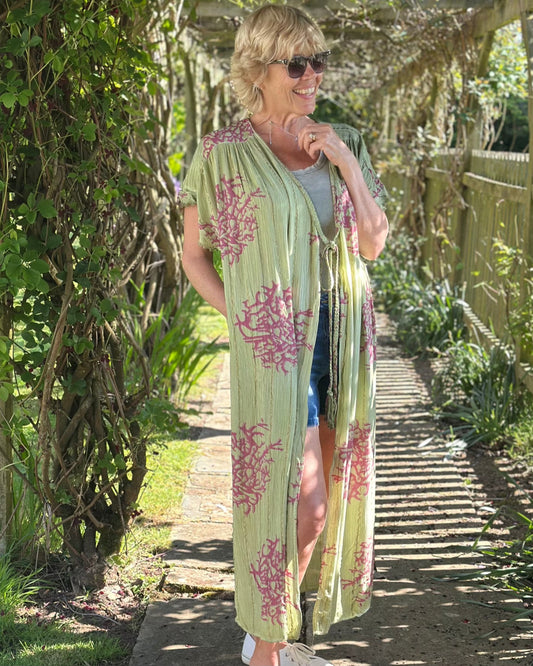 Clothing Coral Print Kimono -Green/Pink
