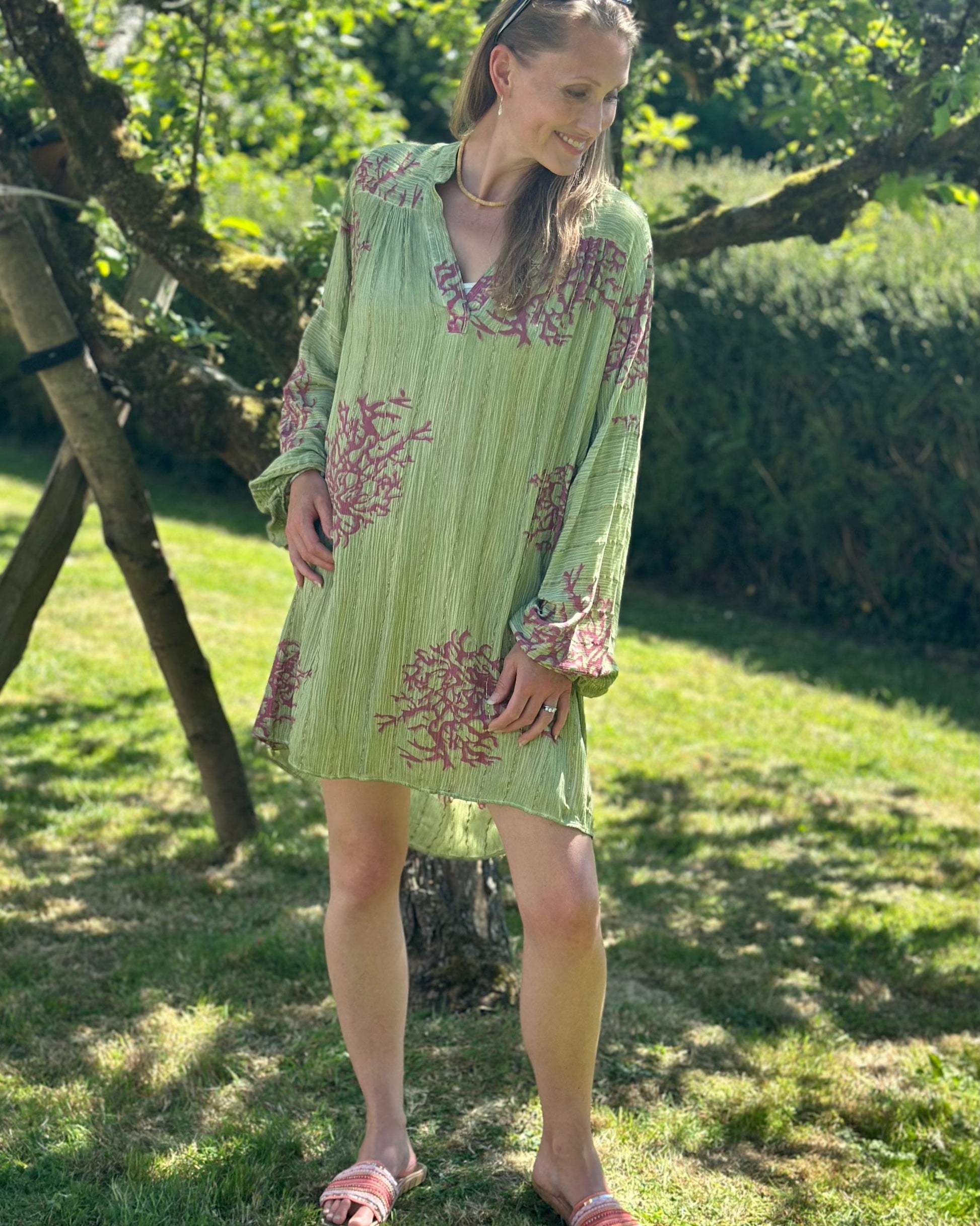 Clothing Coral Print Shirt Dress - Green/Pink