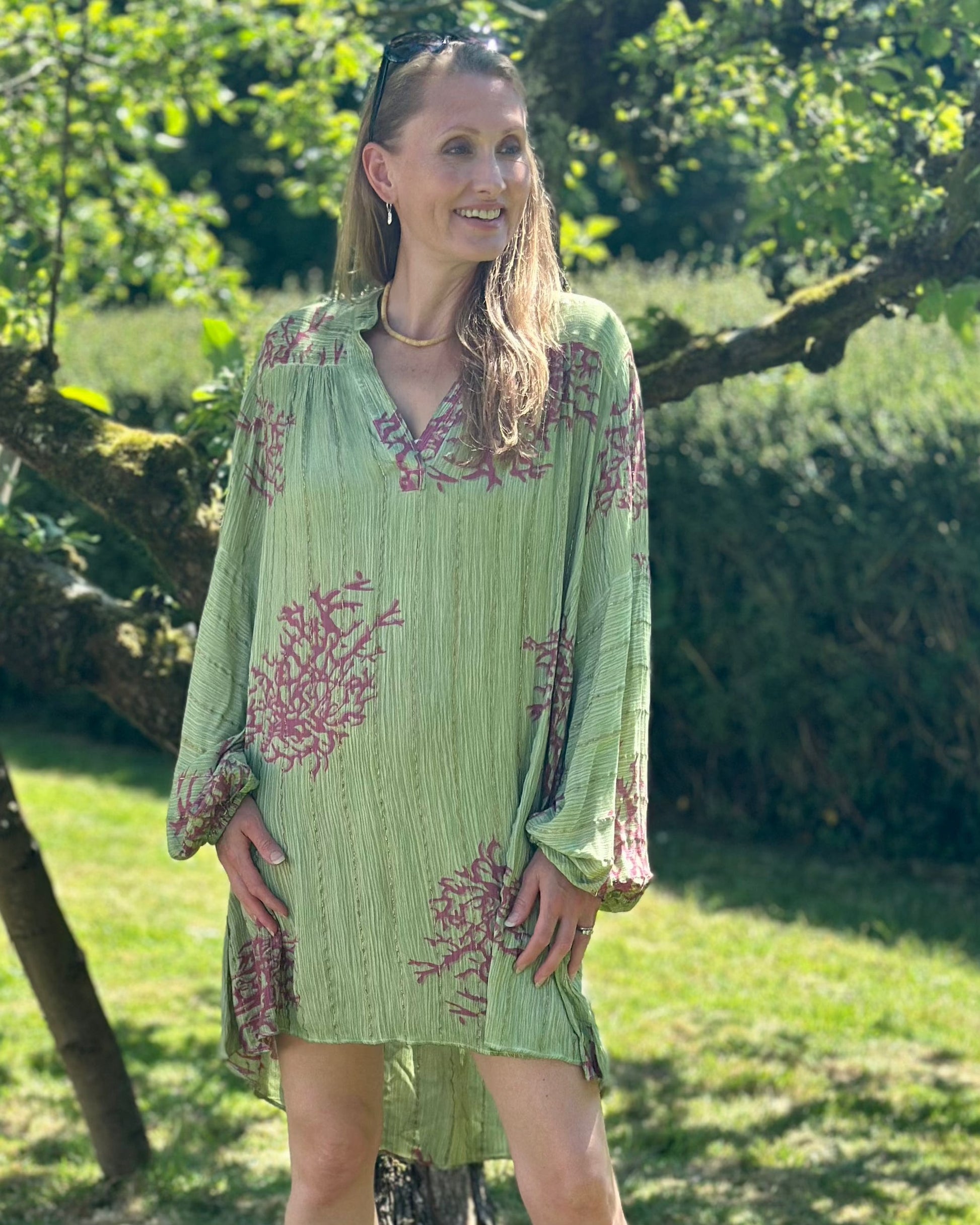 Clothing Coral Print Shirt Dress - Green/Pink