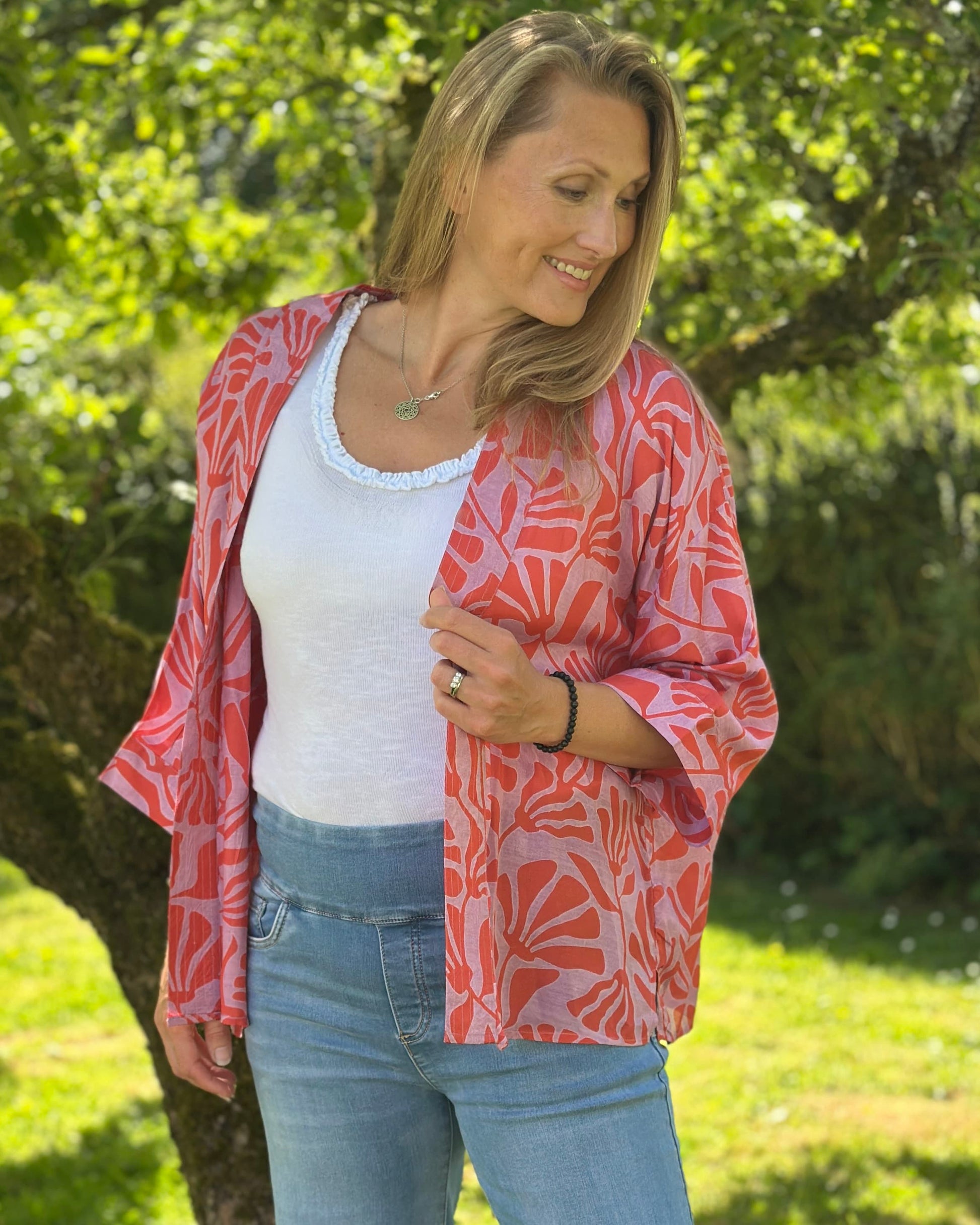 Clothing Coral Red/Pink Silhouette Print Modal Kimono
