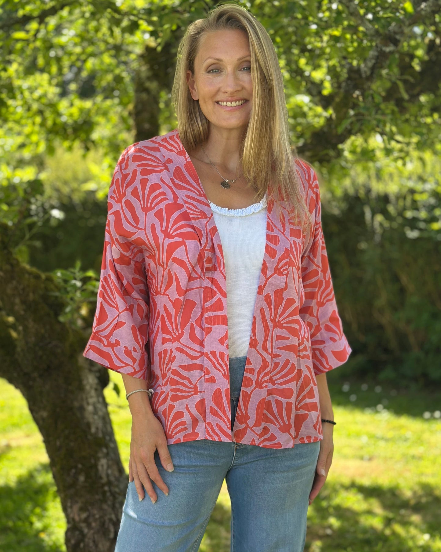 Clothing Coral Red/Pink Silhouette Print Modal Kimono