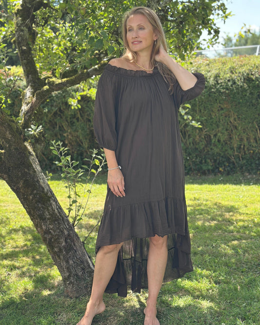 Clothing Cotton Graduated Frilled Dress - Chocolate Brown