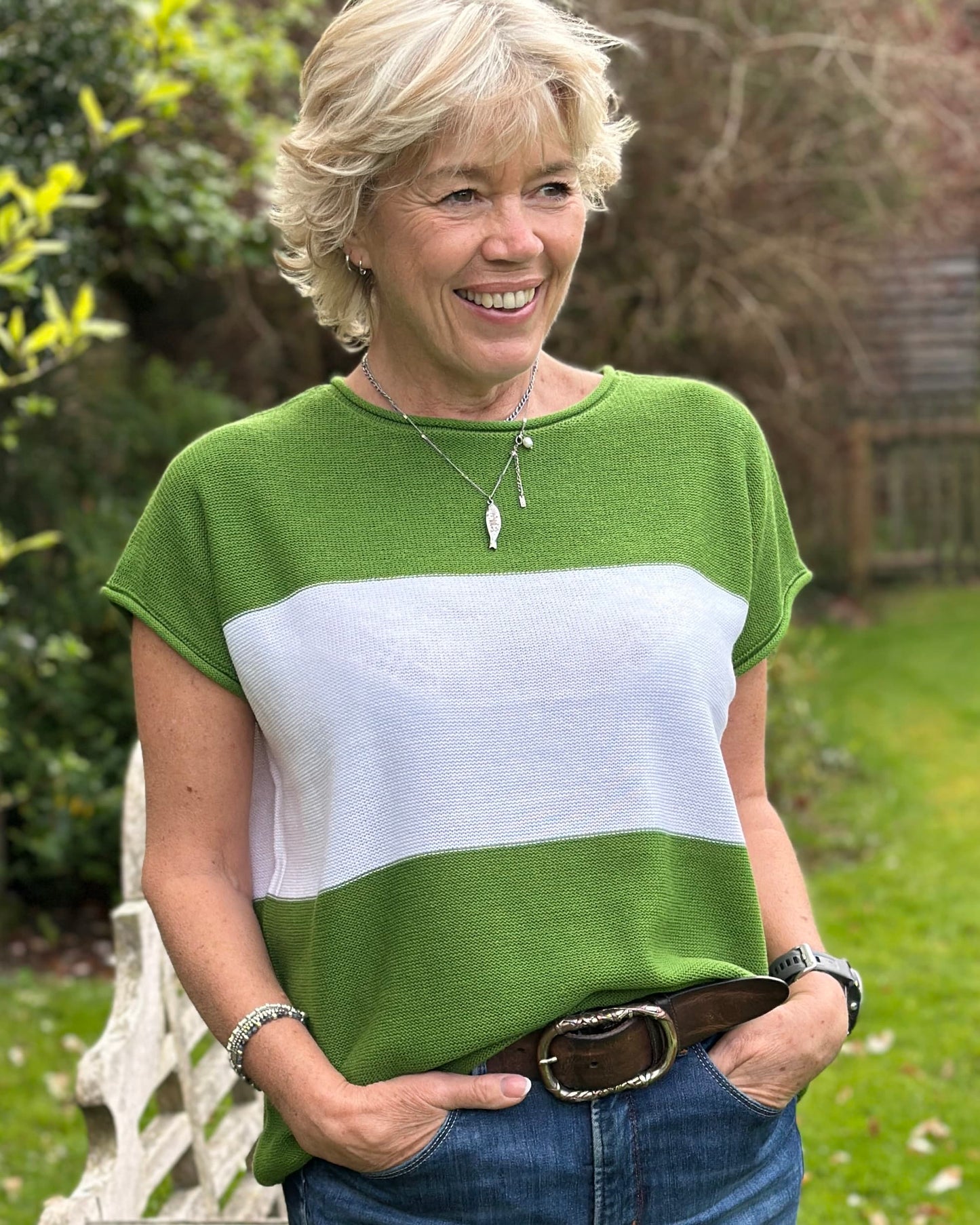 Clothing Cotton Mix Block Stripe Sleeveless Top - Basil Green