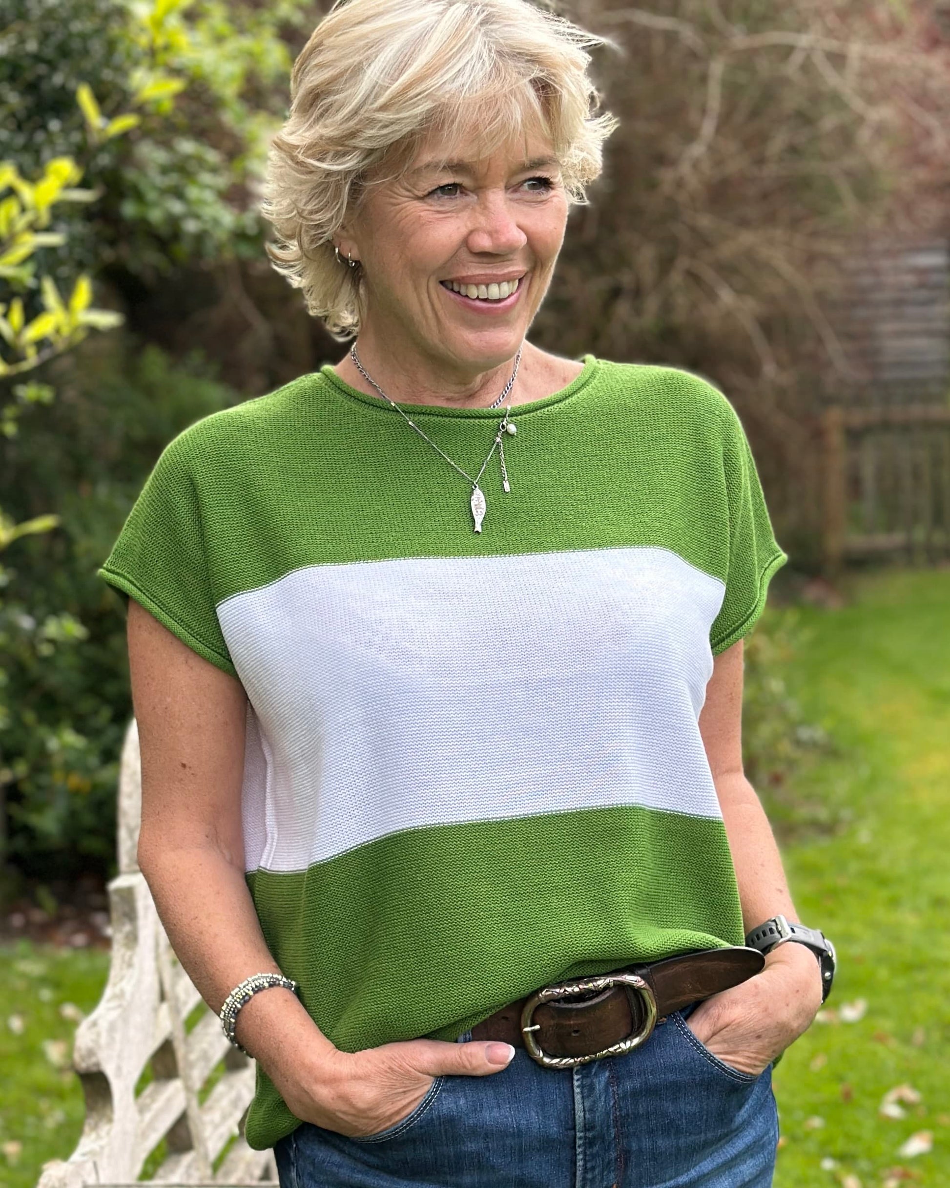 Clothing Cotton Mix Block Stripe Sleeveless Top - Basil Green