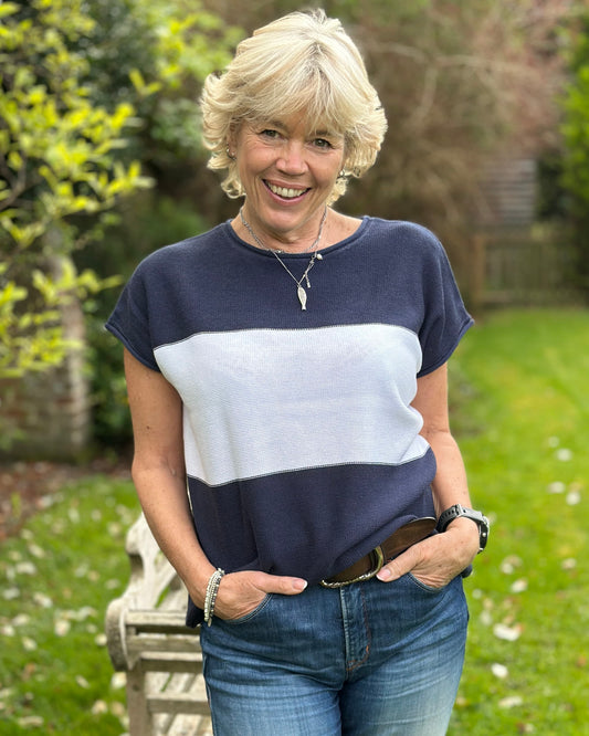 Clothing Cotton Mix Block Stripe Sleeveless Top - Navy