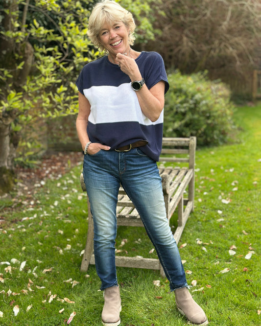 Clothing Cotton Mix Block Stripe Sleeveless Top - Navy