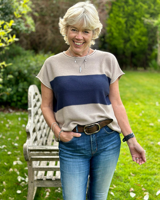 Clothing Cotton Mix Block Stripe Sleeveless Top - Taupe