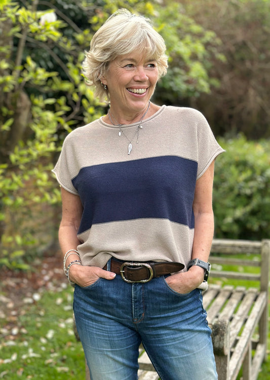 Clothing Cotton Mix Block Stripe Sleeveless Top - Taupe