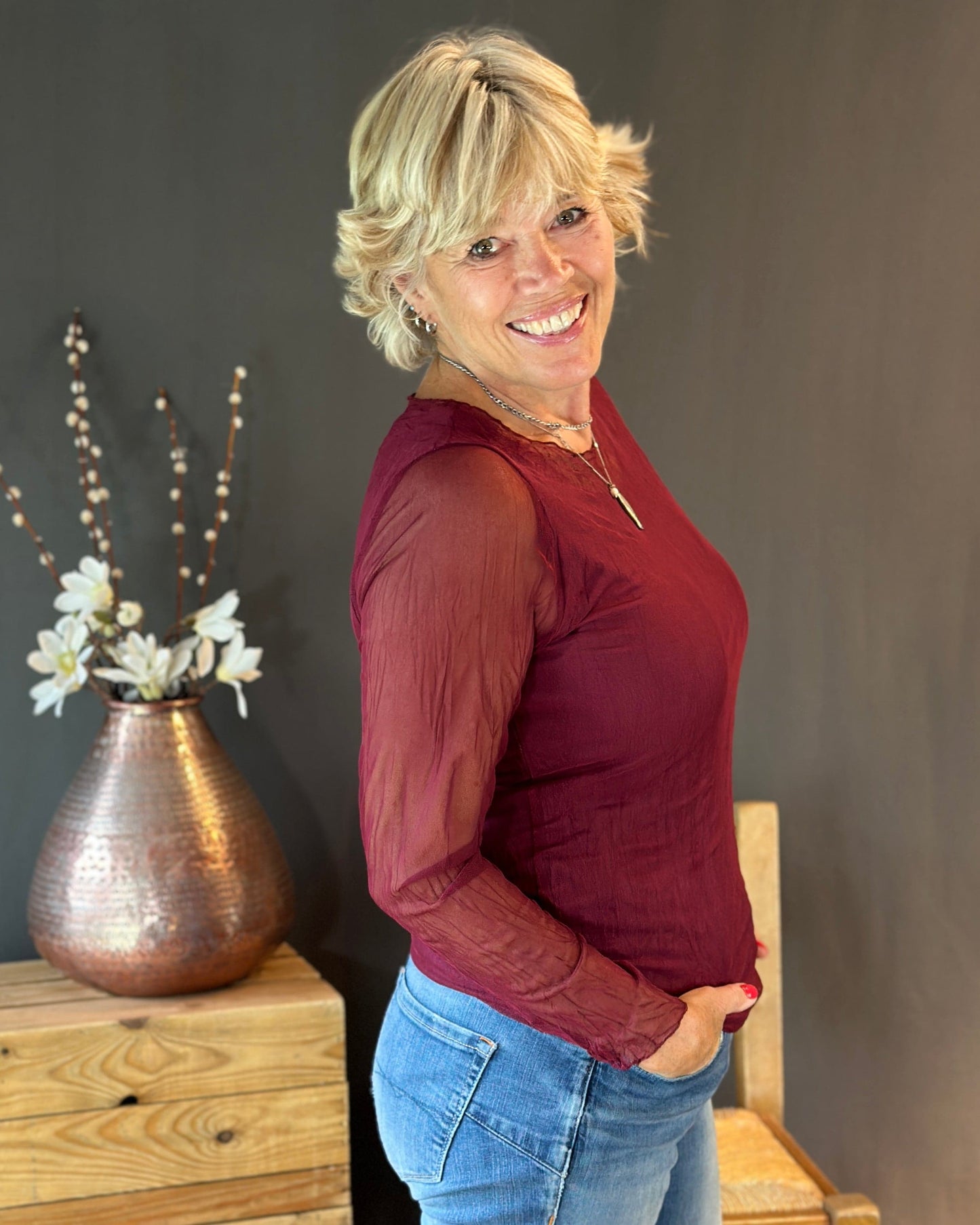 Clothing Crinkle Mesh Top - Burgundy