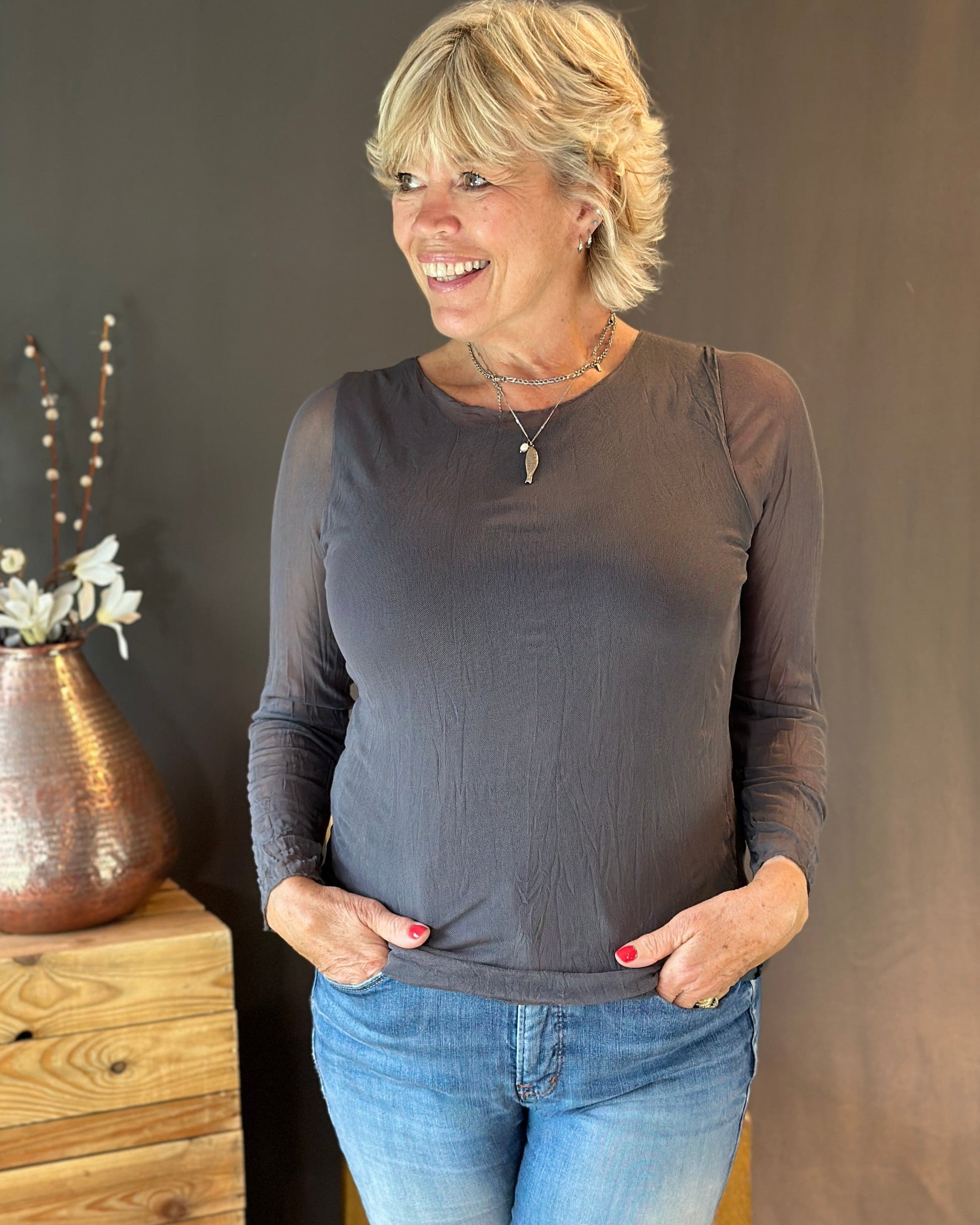 Clothing Crinkle Mesh Top - Charcoal