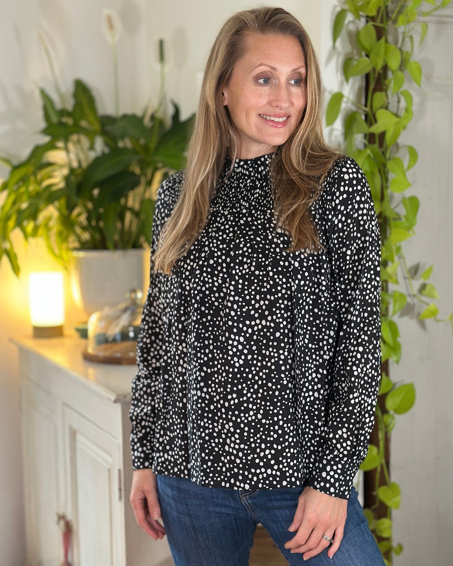 Clothing Ditsy Spot Shirred Neck Top - Black/White