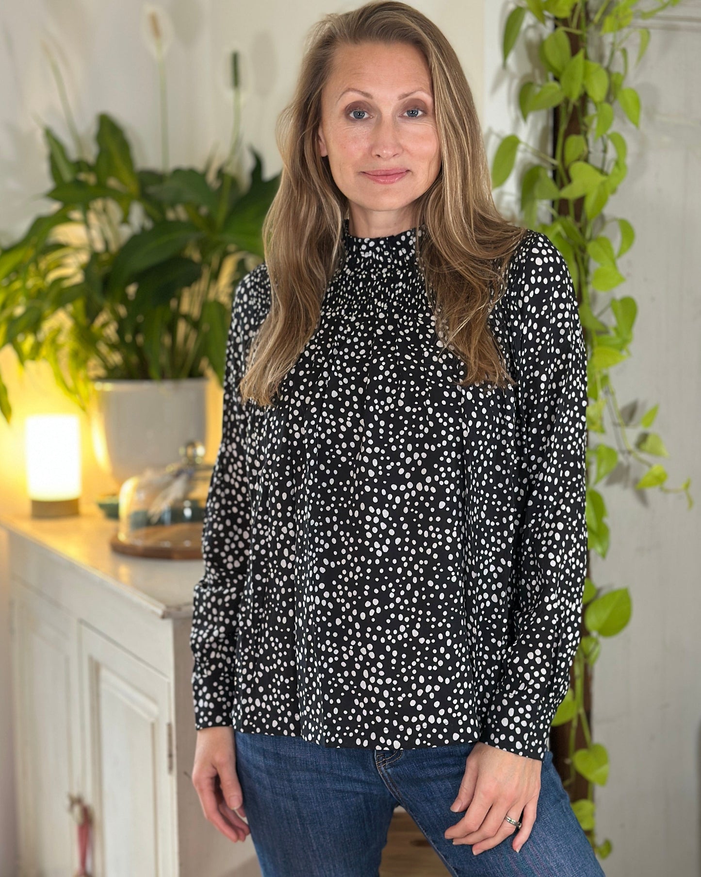 Clothing Ditsy Spot Shirred Neck Top - Black/White