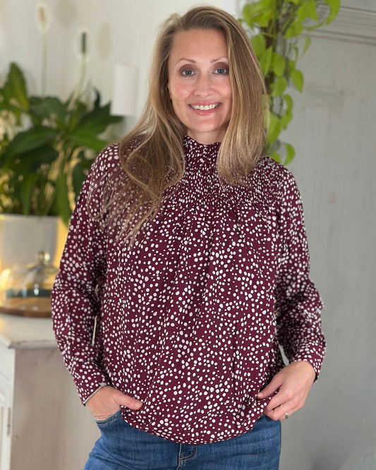 Clothing Ditsy Spot Shirred Neck Top - Wine/White