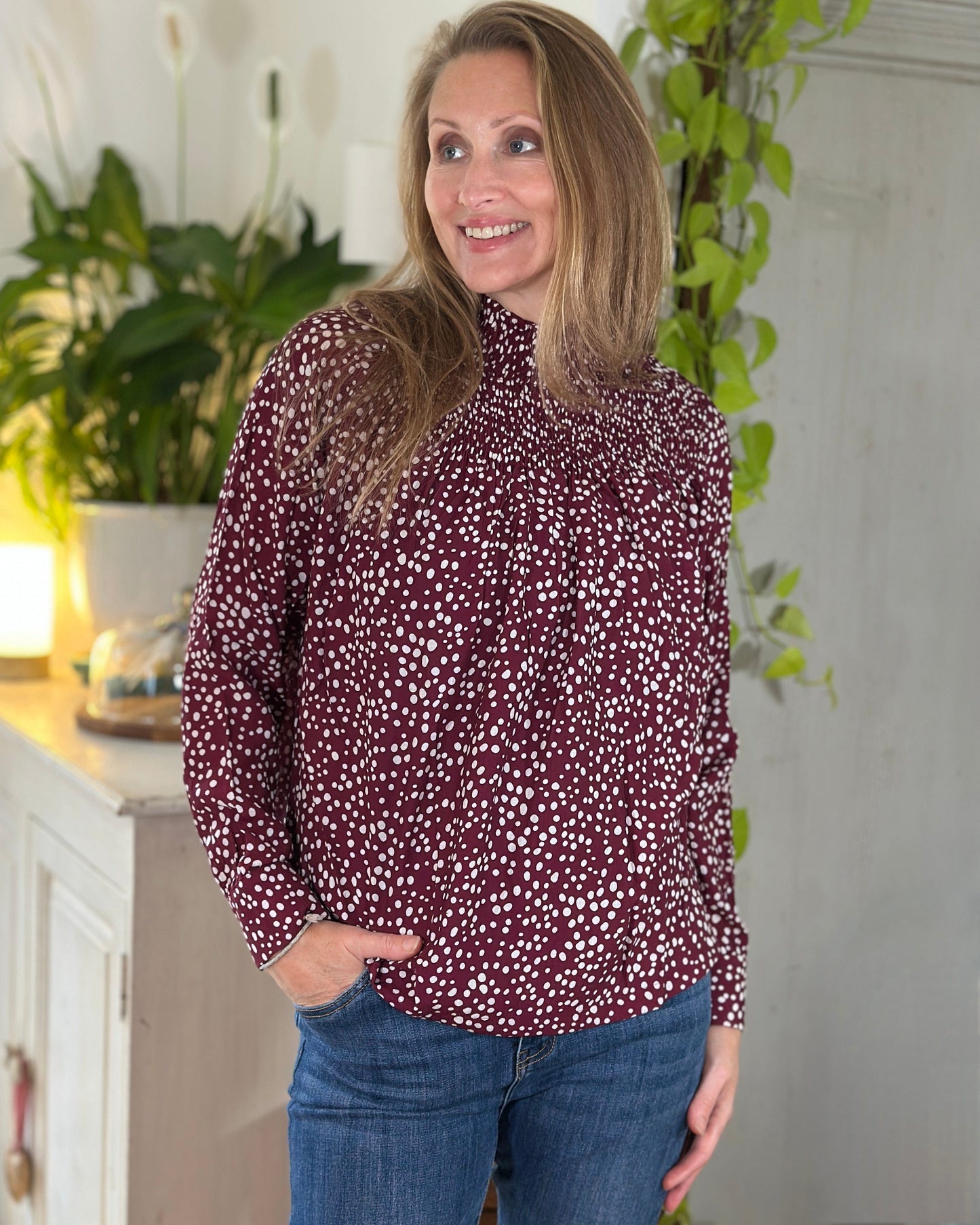 Clothing Ditsy Spot Shirred Neck Top - Wine/White