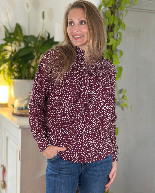 Clothing Ditsy Spot Shirred Neck Top - Wine/White
