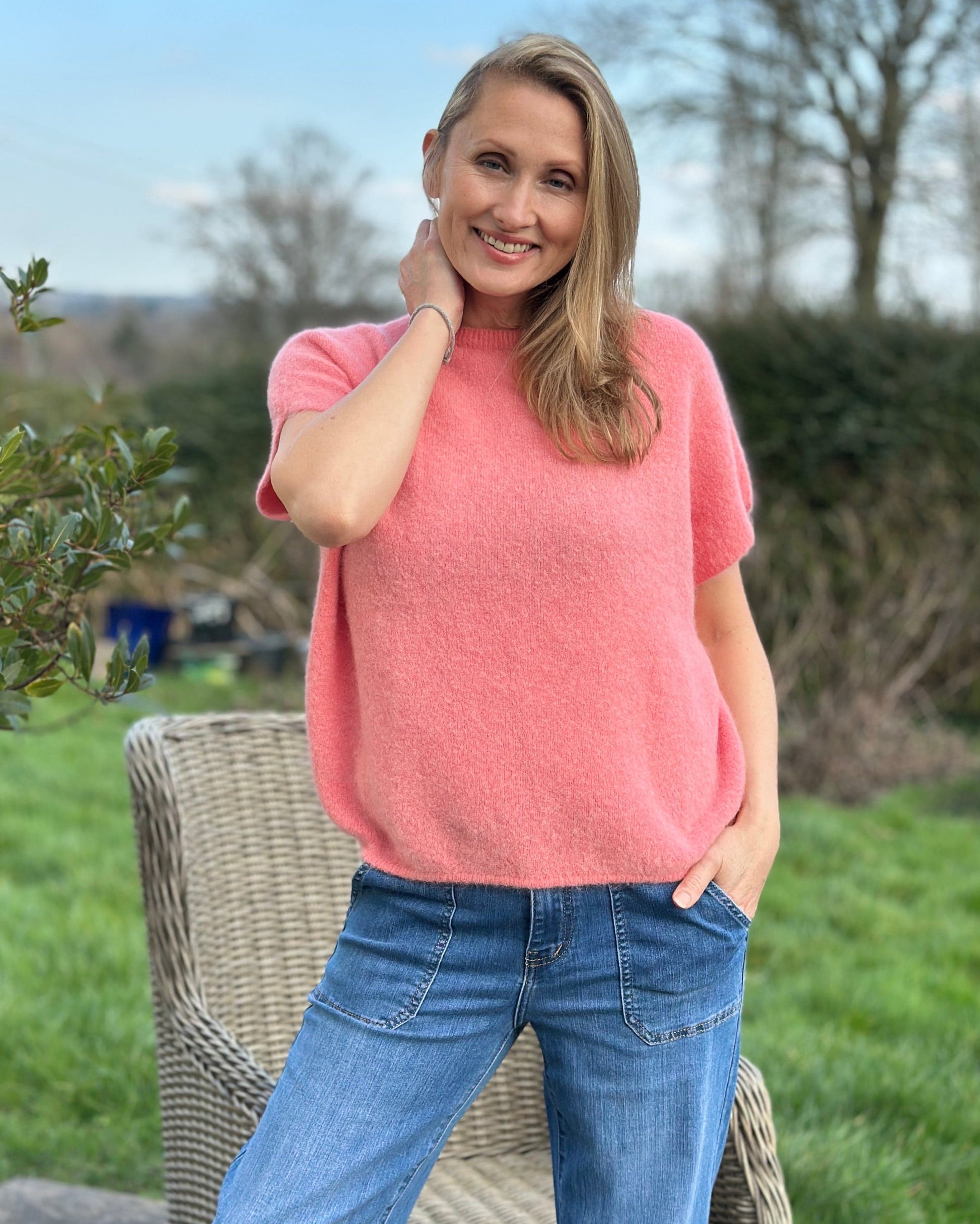 clothing Drop Shoulder Round Neck Alpaca Top - Coral