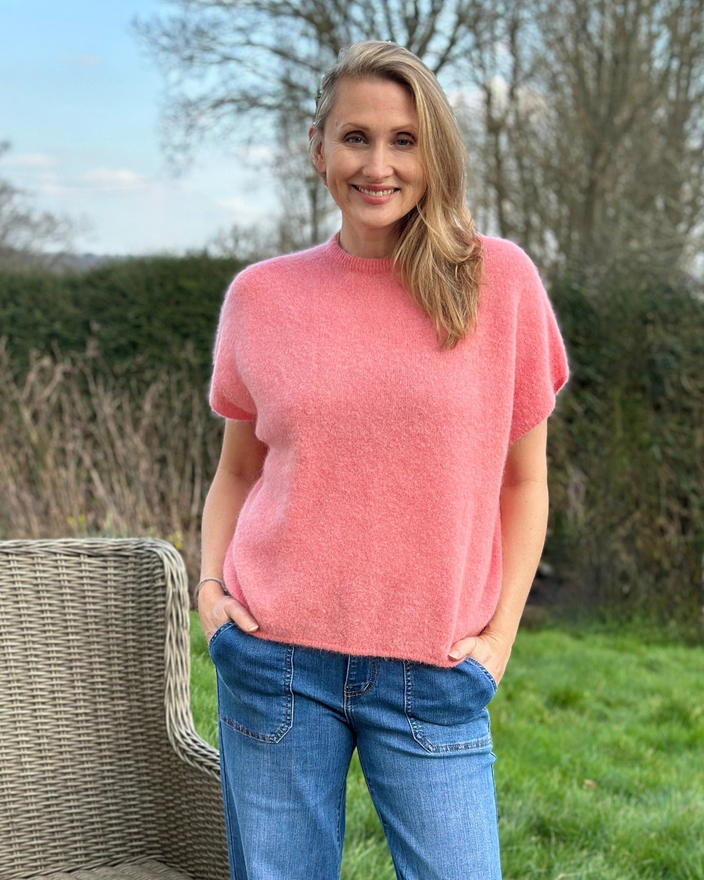 clothing Drop Shoulder Round Neck Alpaca Top - Coral