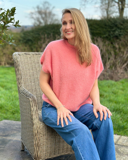 clothing Drop Shoulder Round Neck Alpaca Top - Coral
