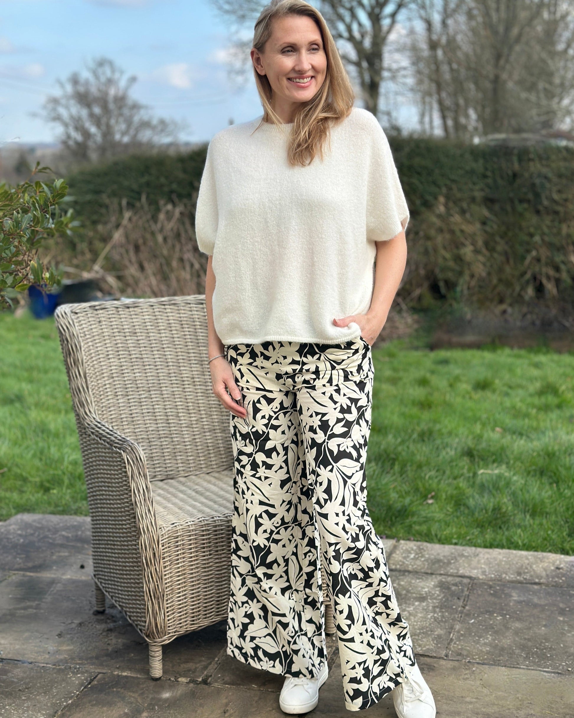 clothing Drop Shoulder Round Neck Alpaca Top - Cream