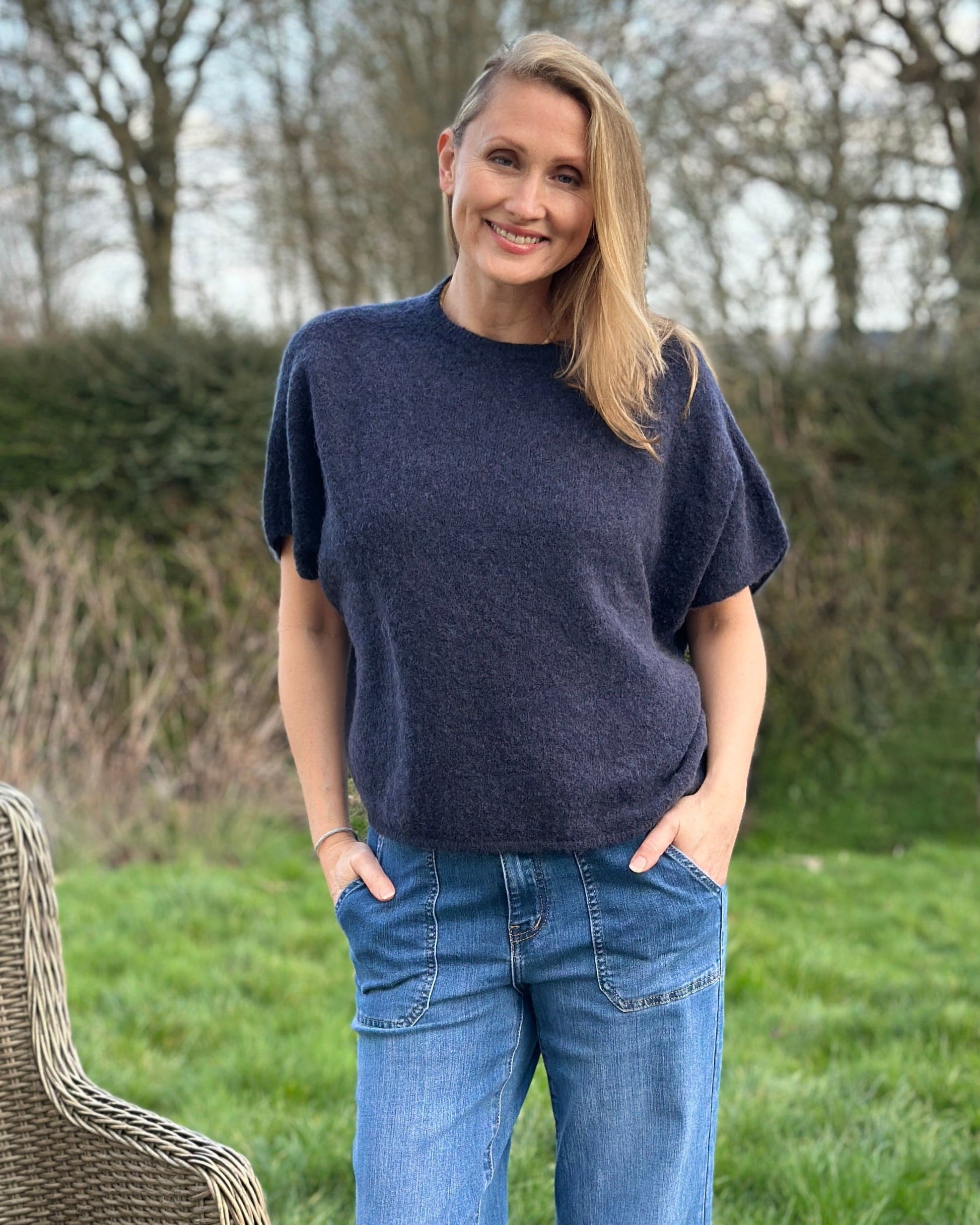 clothing Drop Shoulder Round Neck Alpaca Top - Navy