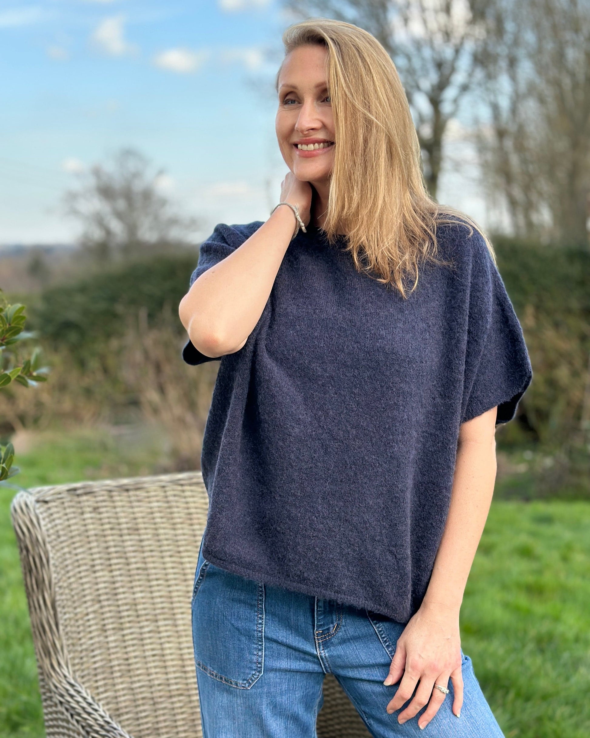 clothing Drop Shoulder Round Neck Alpaca Top - Navy