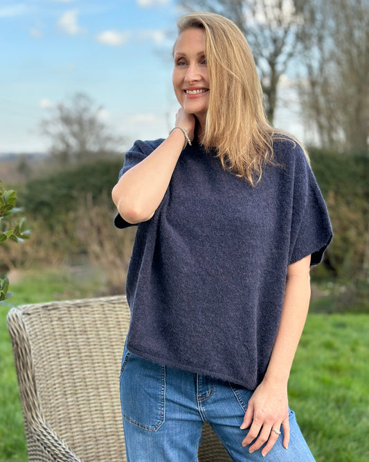 clothing Drop Shoulder Round Neck Alpaca Top - Navy