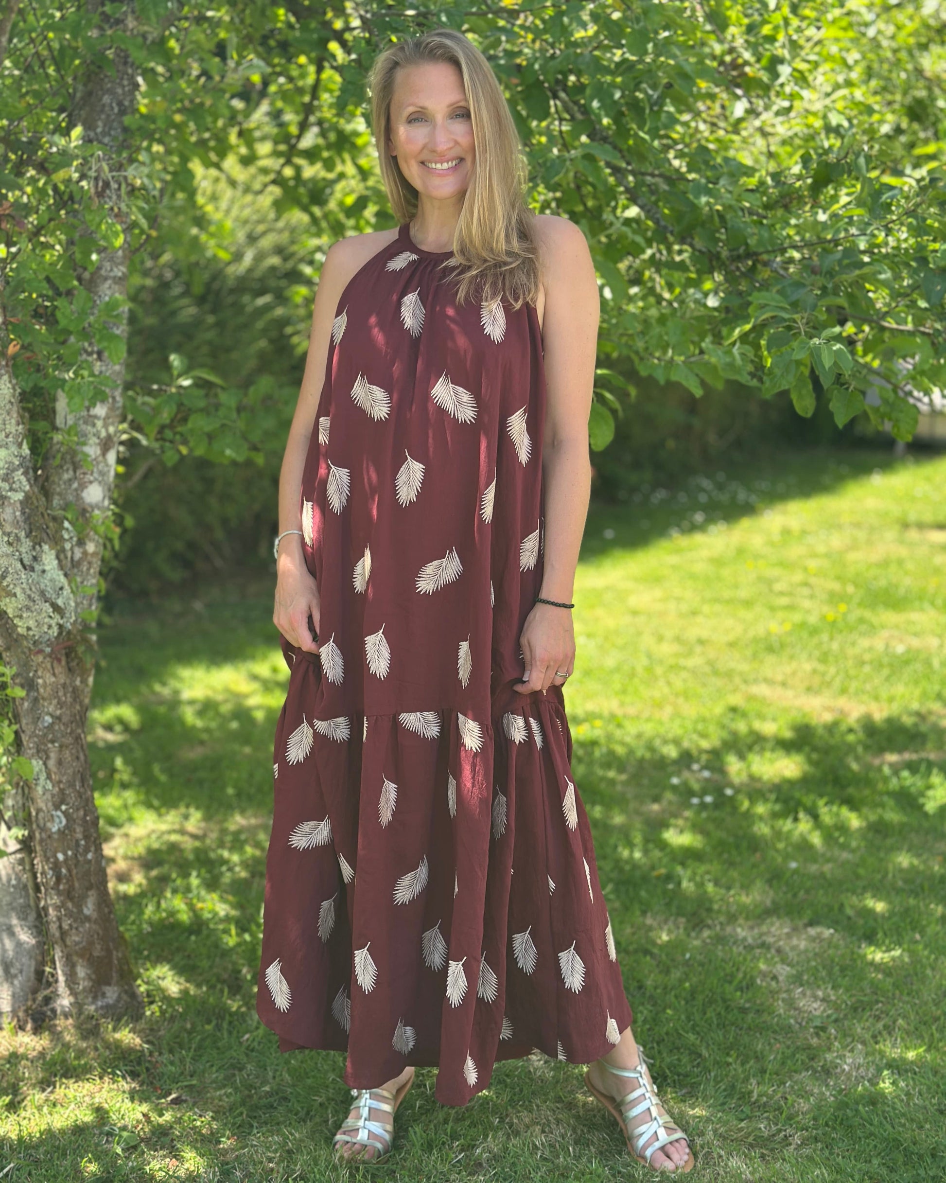 Clothing Embroidered Leaf Halterneck Maxi Dress - Burgundy