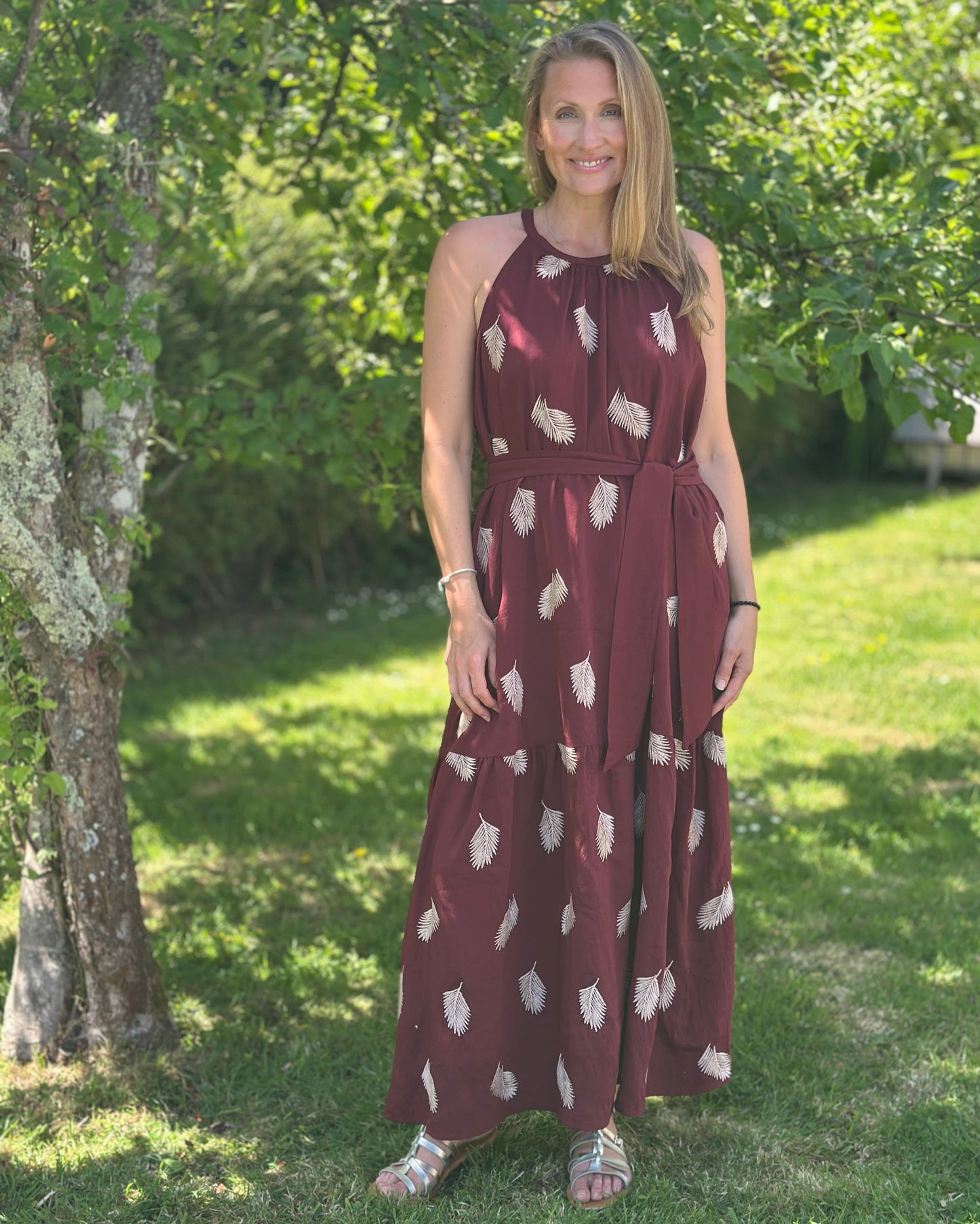 Clothing Embroidered Leaf Halterneck Maxi Dress - Burgundy
