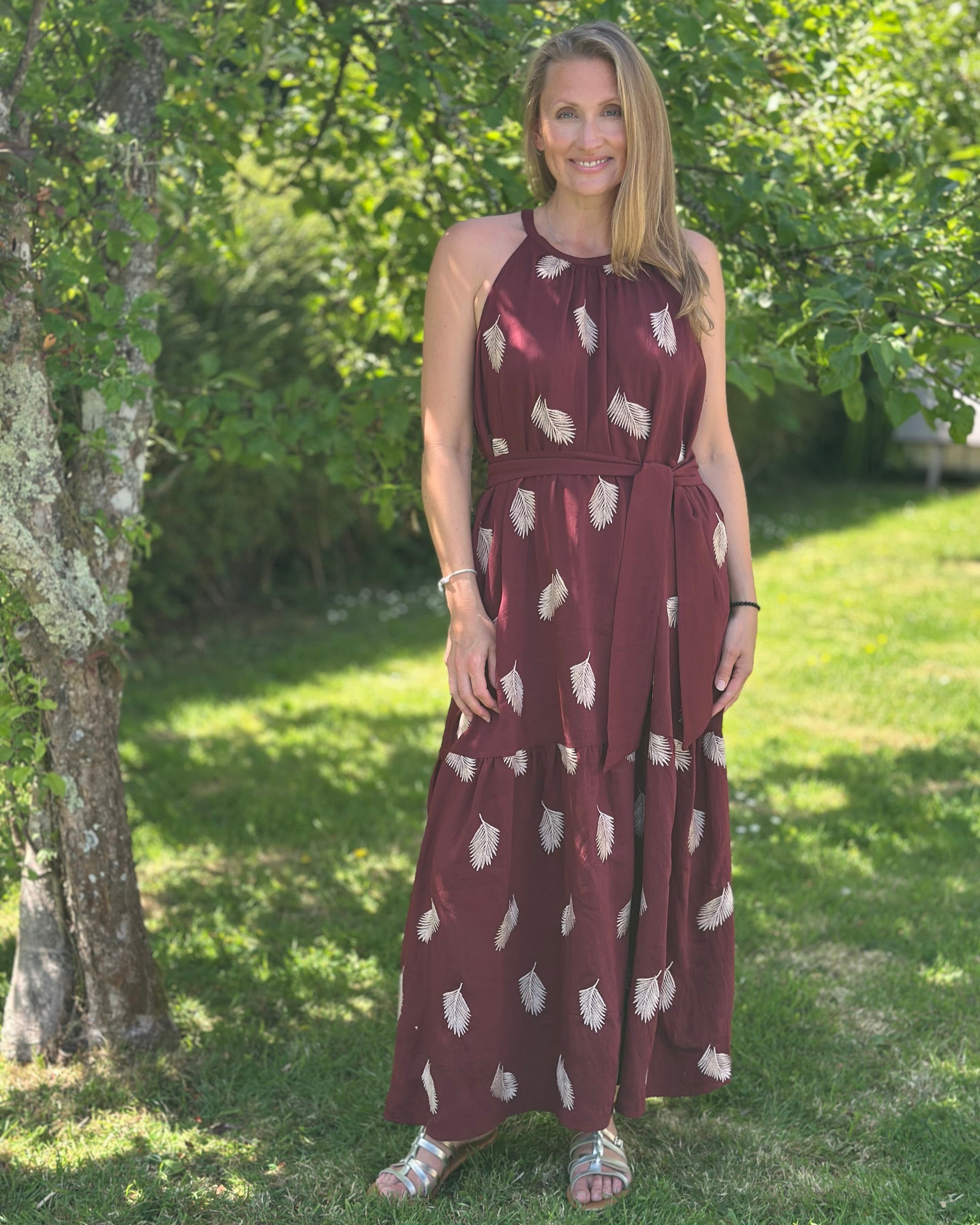 Clothing Embroidered Leaf Halterneck Maxi Dress - Burgundy